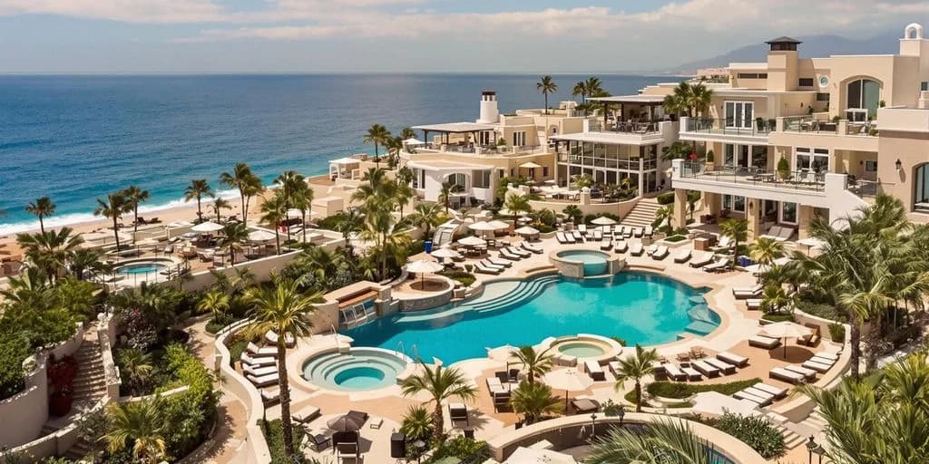 Resort complex at Private Cabo Bachelor Villas That Sleep 20+ People with multiple pools, ocean beyond