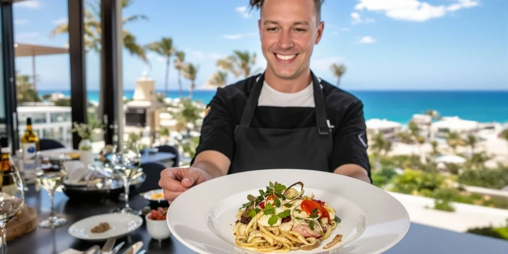 Chef with food at Private Cabo Chefs Who've Cooked for Celebrities smiling, with ocean background