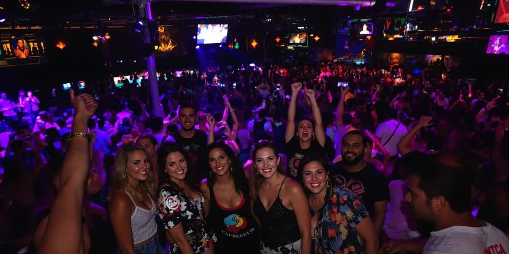 Nightclub crowd at Private Cabo Nightlife Tours: Hit 5 Clubs in One Night with people dancing, colorful lights