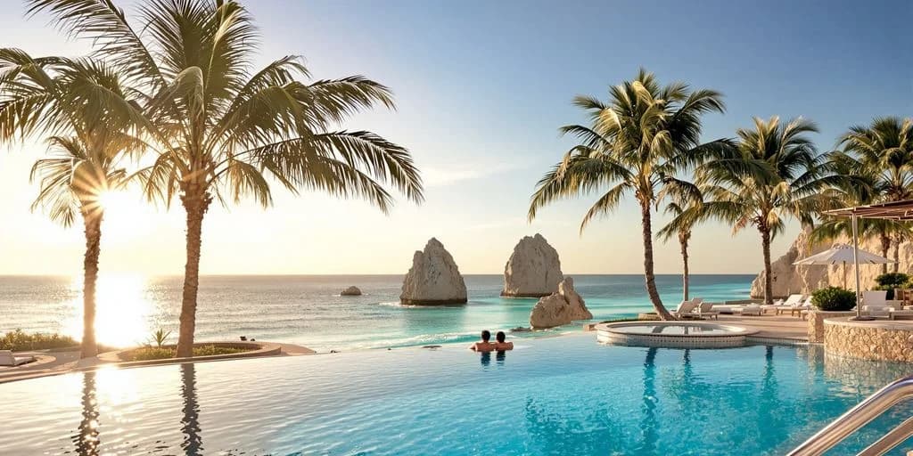 Infinity pool at Private Cabo Spa Buyouts for Groups Starting at $200/Person with ocean rock formations, sunset light