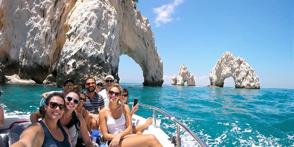 Boat tour at Private Cabo Tours for Groups: Split Costs = Huge Savings near ocean rock arch, sunny day