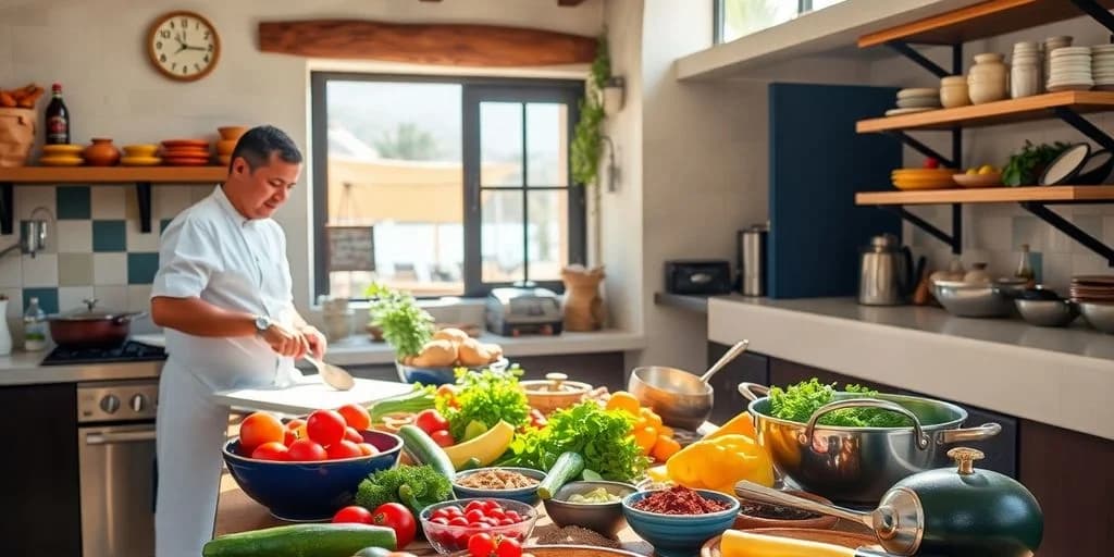 Kitchen counter at Private Cooking Classes in Los Cabos: School Guide with fresh produce, natural light
