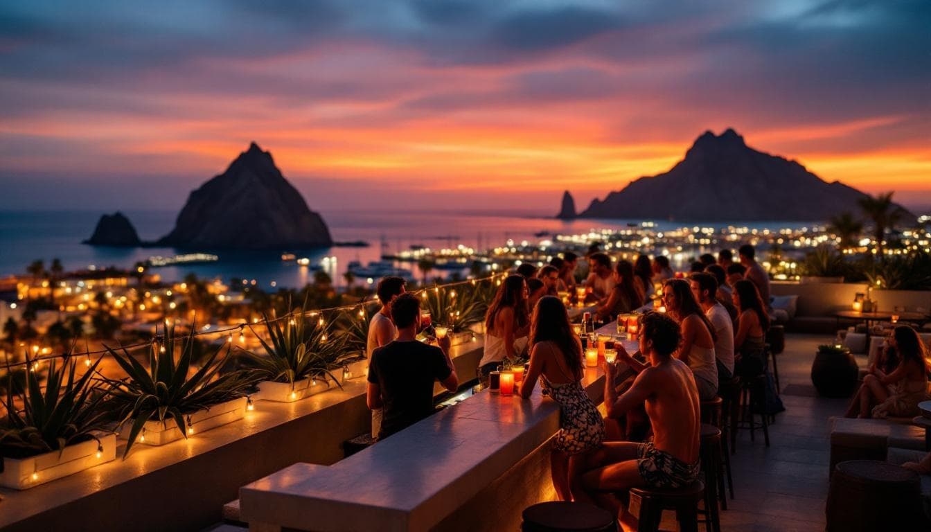 Rooftop bar at Cabo San Lucas Unfiltered: Crafting Your Private Luxury Escape at sunset, overlooking marina