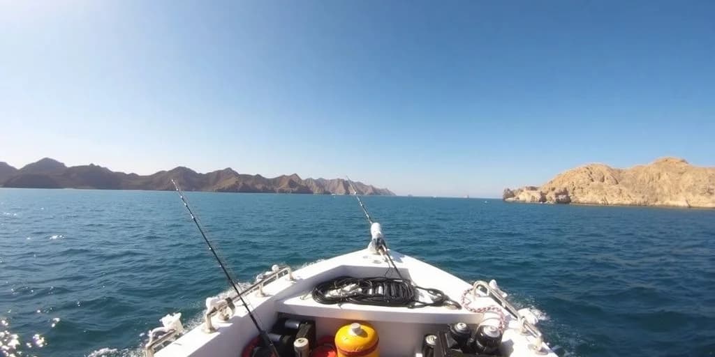 Fishing boat at Private Fishing Guides in Los Cabos on ocean, mountains in distance