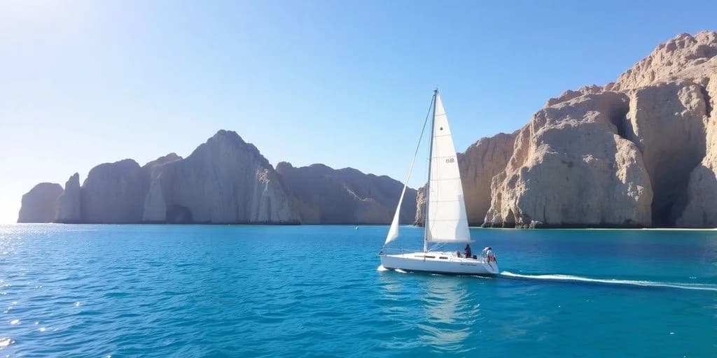Sailboat at Private Sailing Lessons in Los Cabos on blue water, with cliffs