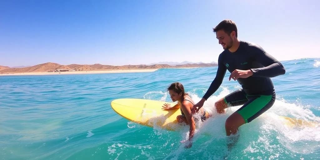 Surfing lesson at Private Surf Lessons in Los Cabos: Price Guide woman on board, instructor assisting
