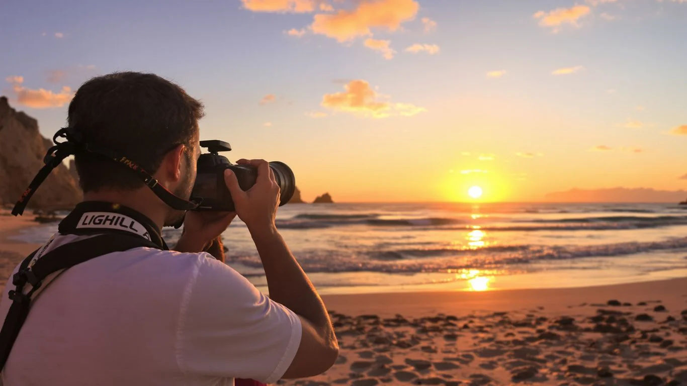 Photographer at Professional Cabo Photographers vs Resort Photography Pricing on beach, at sunset