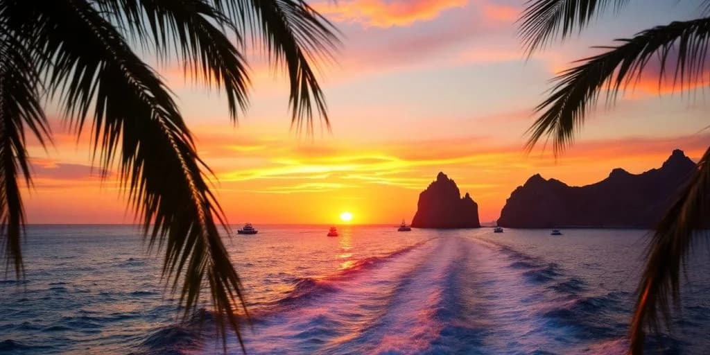Ocean sunset at Relaxing Sunset Cruises in Cabo You Can't Miss with boats, palm frond foreground