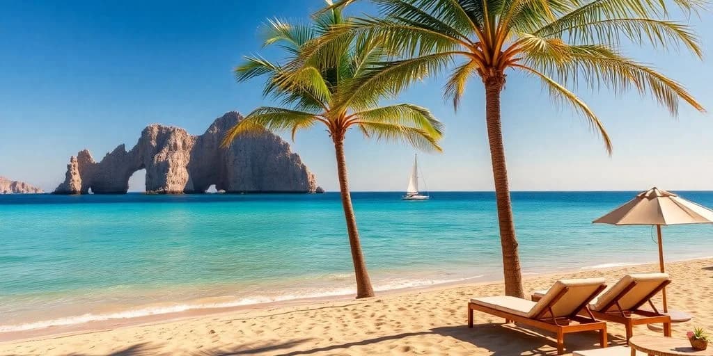 Beach palm tree at Resorts Todo Incluido Solo para Adultos en Cabo¡Ver Lista! with sailboat on blue ocean