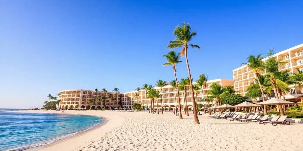 Beachfront resort 2 at Riu in Cabo: Special Offers Unveiled! with palm trees and sandy beach