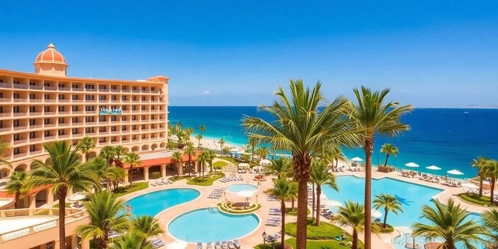 Resort pool area 3 at Riu Palace Cabo San Lucas: Luxury Unleashed! with ocean and palm trees