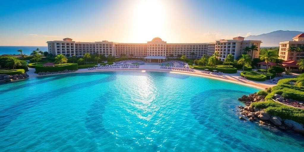 Resort building at Riu Palace San Lucas: ¡Ofertas exclusivas en el interior! with large pool, at sunset