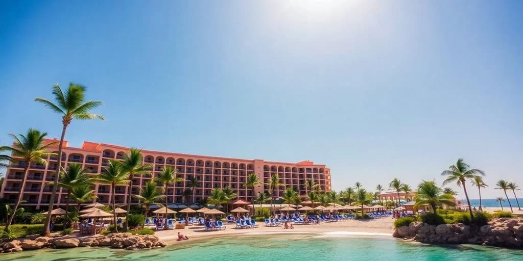 Resort building 2 at Riu Santa Fe Cabo: The All-Inclusive You Need! with beach chairs, under blue sky