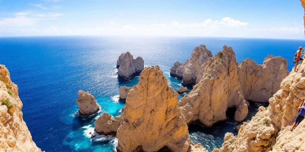 Ocean rock formations at Rock Climbing Adventures in Cabo with clear blue water, sunny day