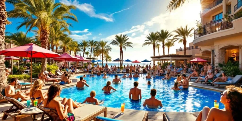 Swimming pool at Rock Out in Style at Hard Rock Los Cabos Resort with many people, palm trees