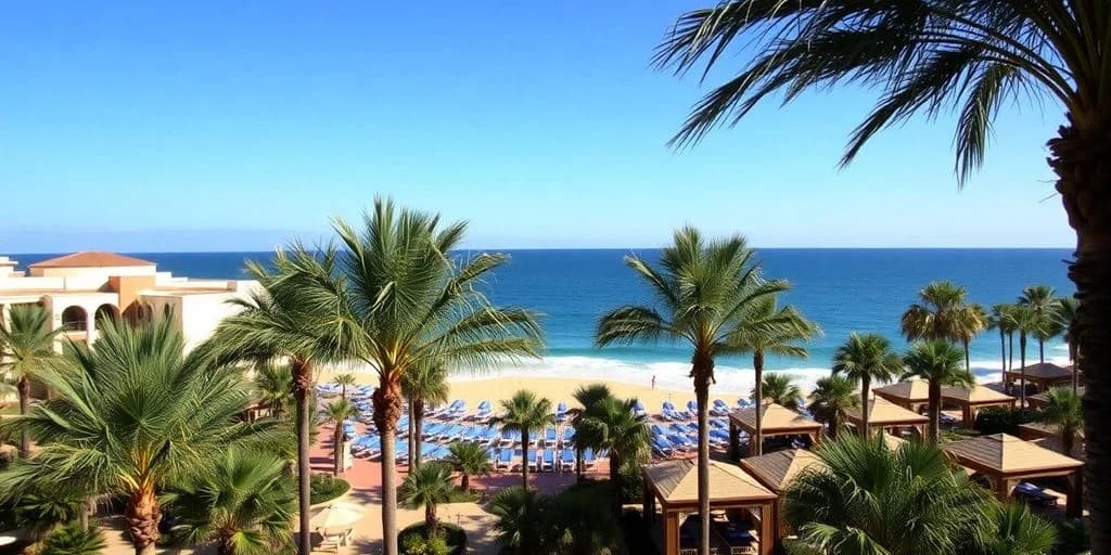 Beach lounge chairs at Rock Your Vacation at Hard Rock Cabo San Lucas with palm trees, ocean in background