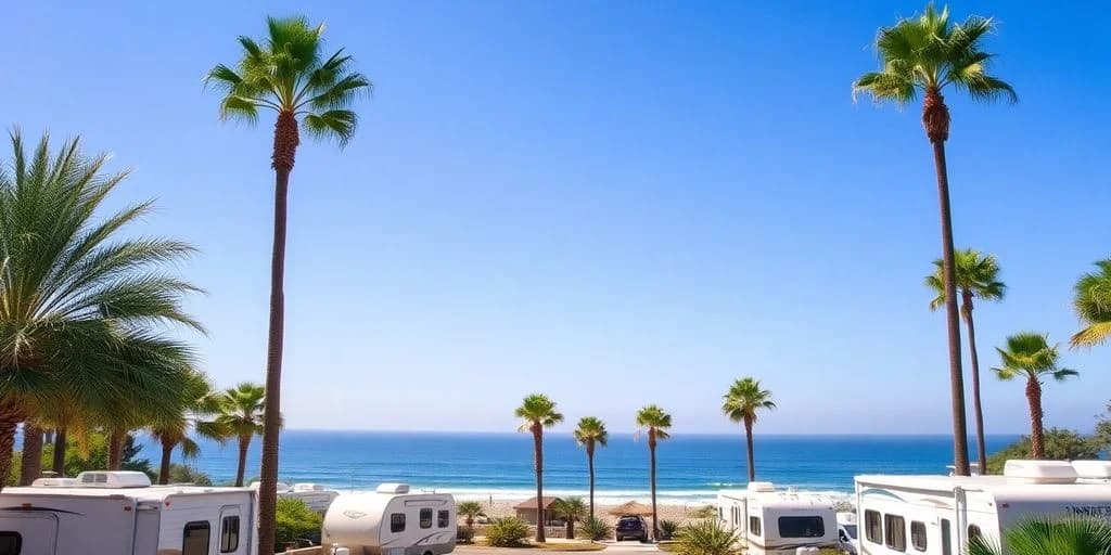 Beach rv park at RV and Trailer Parks in Cabo: Complete Guide with Prices with palm trees, ocean in background