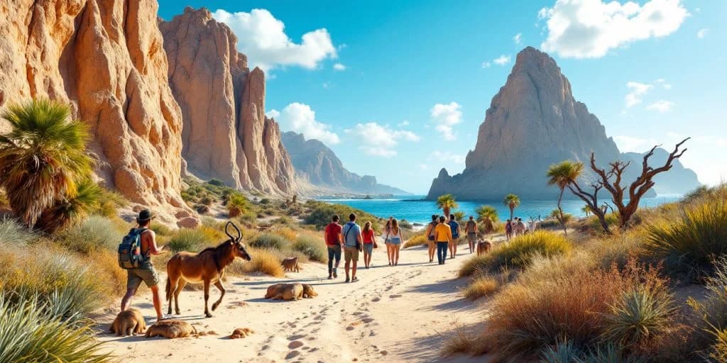 People walking at Safari Tours Around Cabo on sandy path, by water