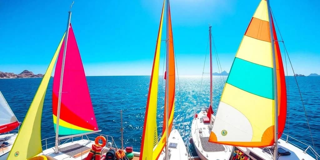 Colorful sailboat at Sailing Equipment Rental in Los Cabos with blue ocean, clear sky