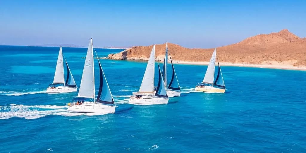 Multiple sailboats at Sailing Races in Los Cabos: 2026 Calendar on blue water, sandy coast