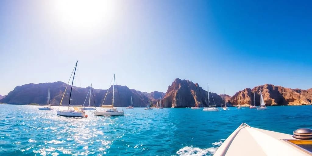 Sailboats ocean at Sailing Tours in Los Cabos: Company Comparison with rocky mountains beyond