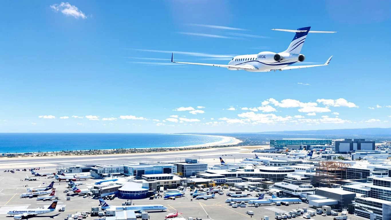 Airplane airport at Same-Day Private Jet to Cabo vs 3-Day Weekend Commercial Flights taking off, with ocean beyond