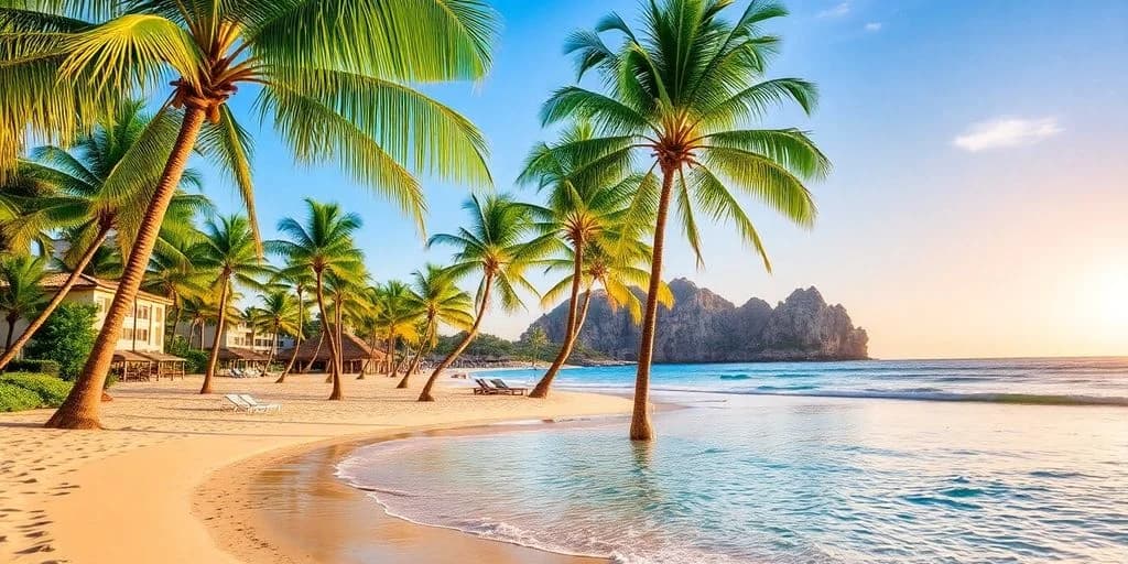 Tropical beach at Sandos Finisterra Cabo: ¡El lujo se encuentra con la aventura! with palm trees, lounge chairs