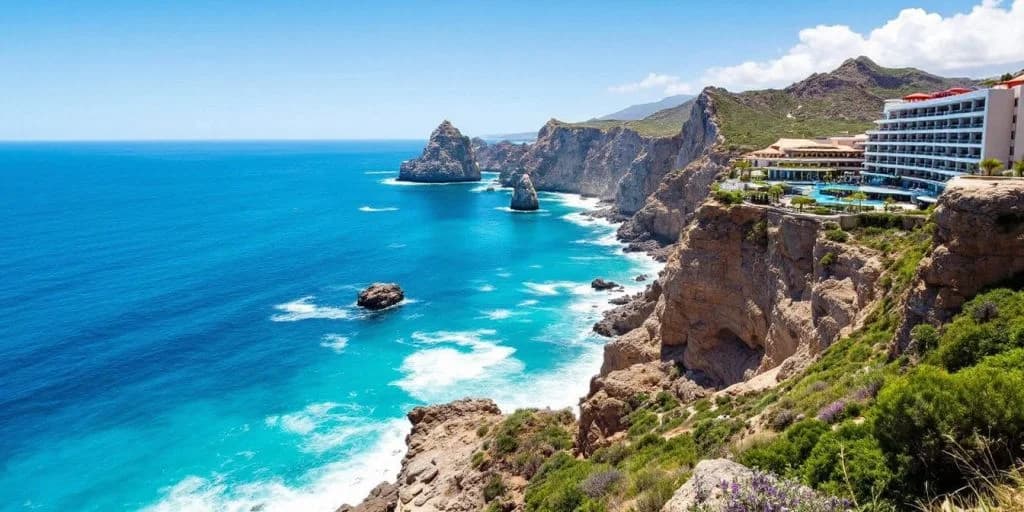 Rocky coastline at Sandos Finisterra Cabo Is a Cliffside Paradise with turquoise ocean, sea stacks