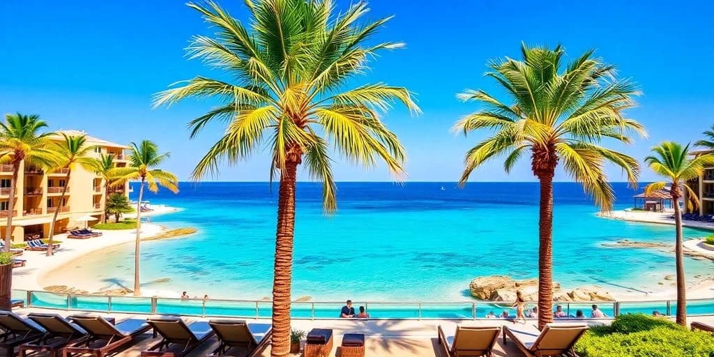 Palm tree ocean 2 at Sandos Finisterra Los Cabos: The Hidden Gem! with people on terrace below