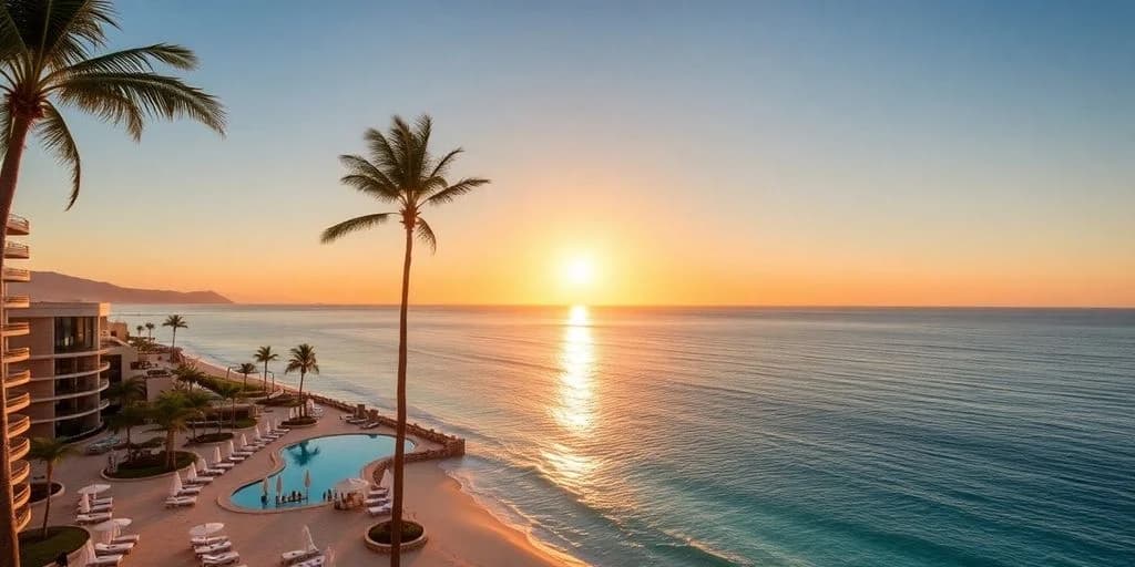 Ocean sunset at Sandos Los Cabos: All-Inclusive Luxury Revealed! with palm tree, resort pool