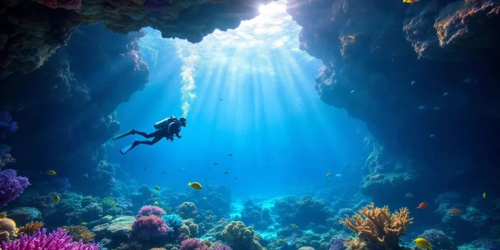 Scuba diver at Scuba Diving in Cabo underwater with coral reef, sun rays