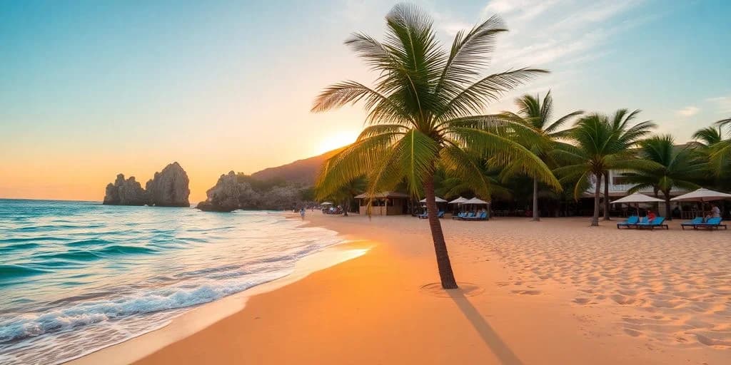 Beach sunset at ¡Secretos de Cabo Revelados No te lo pierdas! with palm tree, golden light