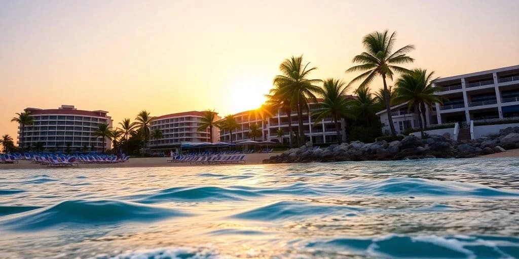 Beachfront resort at ¡Secretos Puerto Los Cabos: Ofertas Exclusivas Dentro! at sunset, ocean waves