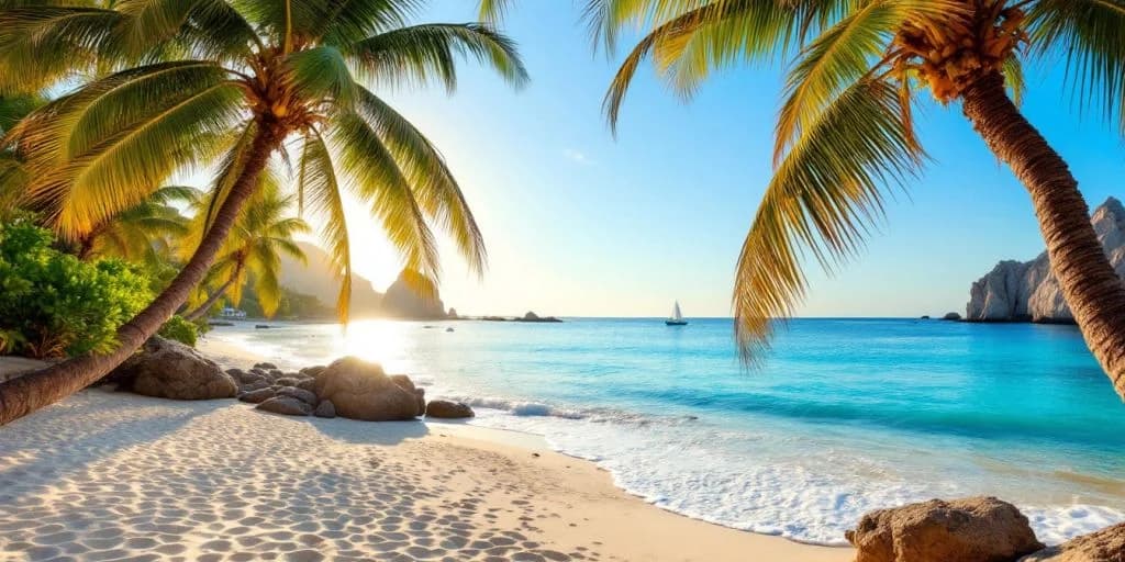 Tropical beach at Secrets Los Cabos Is the Adults-Only Paradise You Deserve with sailboat, palm trees
