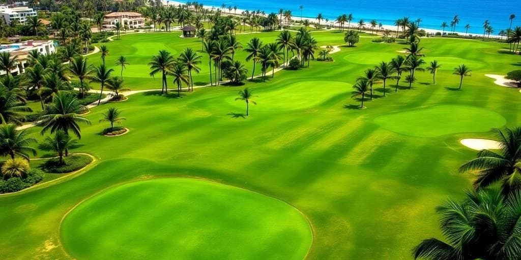 Golf course at Secrets Puerto Los Cabos Golf & Spa: ¡Reserva Ahora! with palm trees, ocean beyond