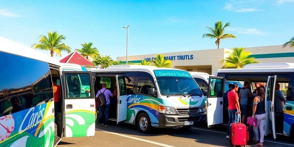 Shuttle van at Shared Airport Shuttles in Los Cabos: Company Comparison people boarding, building in background
