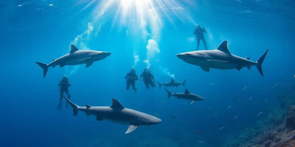 Scuba divers at Shark Diving Adventures in Cabo with sharks, underwater, sun rays