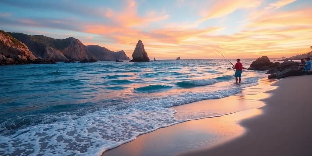 Beach sunset at Shore Fishing Spots in Los Cabos with rock formations, gentle waves