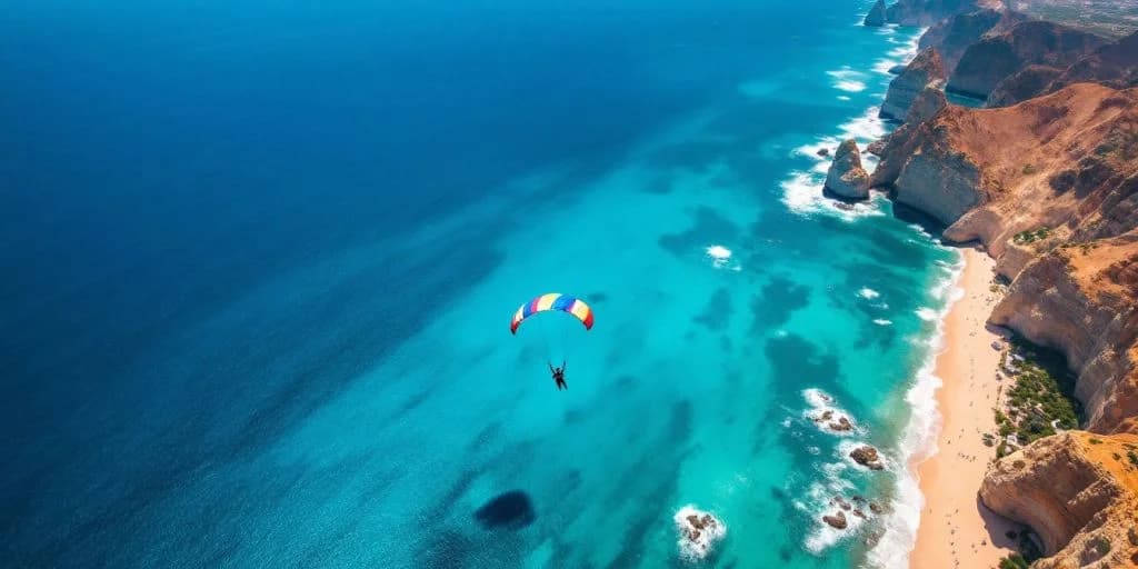 Parasailer at Skydiving in Cabo over turquoise ocean, aerial view