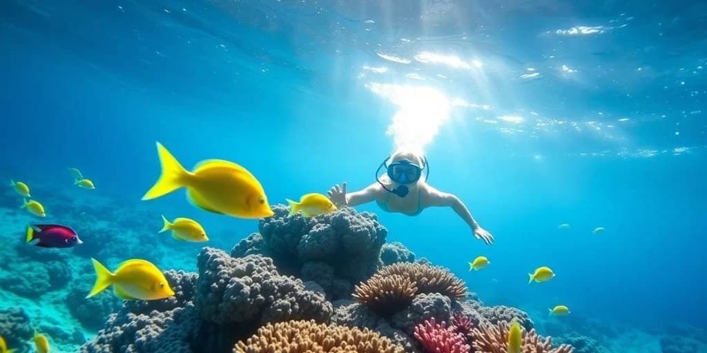 Snorkeling at Snorkel Equipment Rental in Los Cabos woman with fish, coral reef