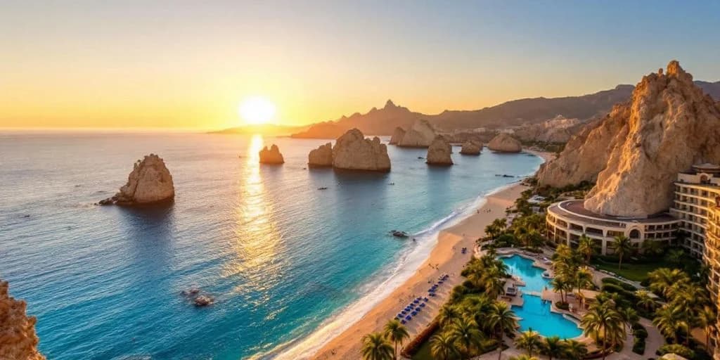 Beach sunset at Solmar Resort Cabo Is a Hidden Gem by the Sea with rock formations, calm ocean