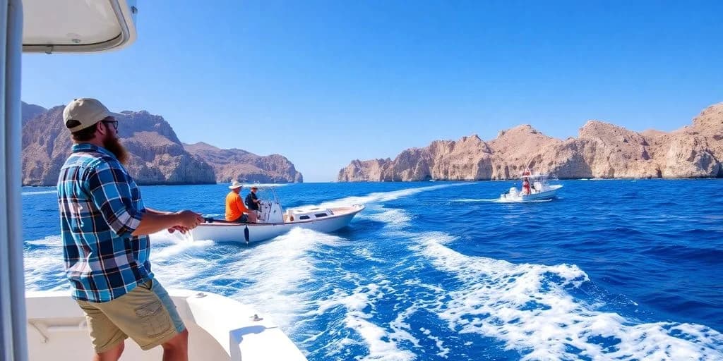 Fishing boats at Sport Fishing Prices in Los Cabos: Guide on blue ocean, rocky coast