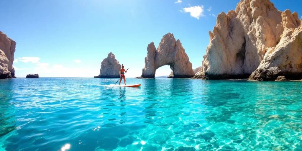 Paddleboarder at Stand-Up Paddleboarding in Cabo near rock arch, clear water