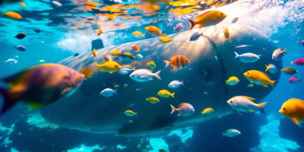 Tropical fish at Submarine Tours in Cabo swimming near boat, underwater view