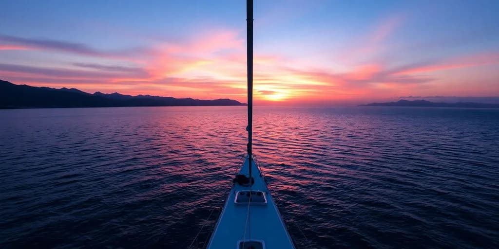 Sailboat bow at Sunset Sailing Tours in Los Cabos at sunset, with mountains beyond