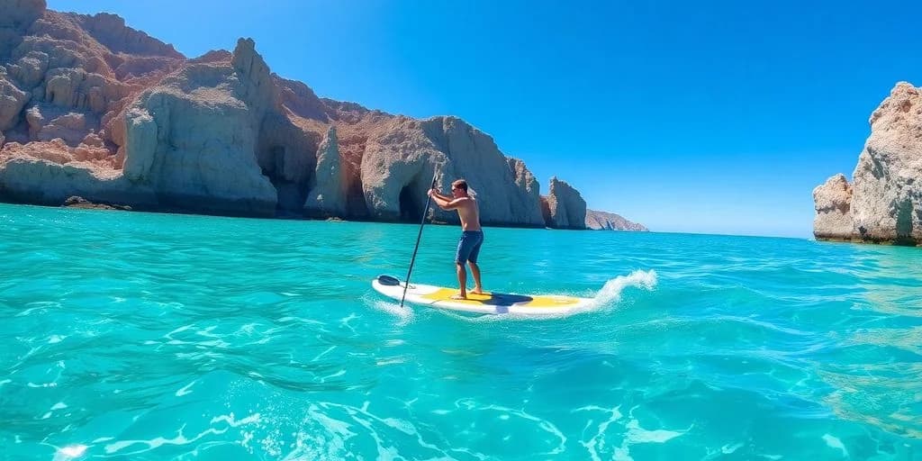 Man paddleboarding at SUP Rental in Los Cabos: Company Guide on turquoise water, with cliffs