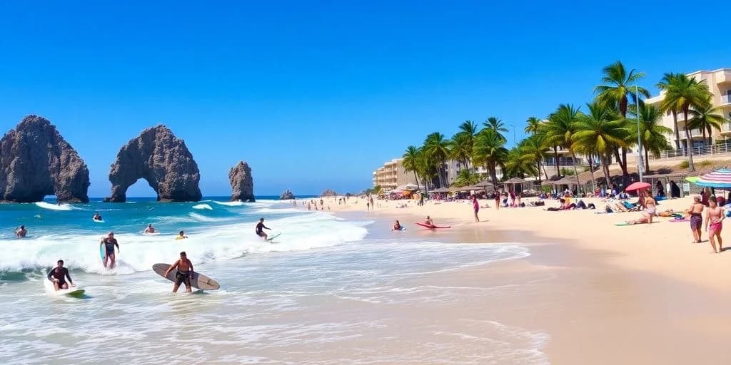 Sandy beach at Surf Camps in Los Cabos: School Comparison with people, buildings, palm trees