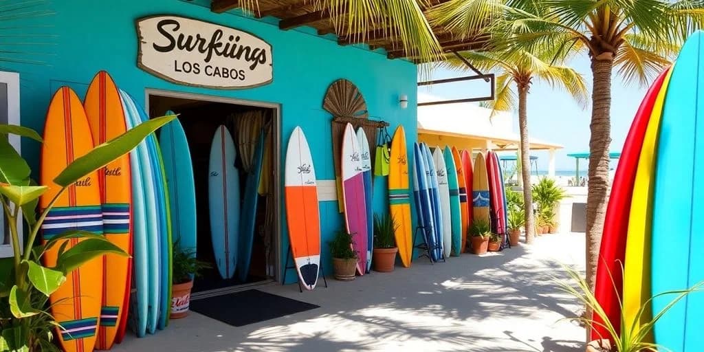 Surfboard shop at Surf Shop Rental Prices in Los Cabos colorful surfboards, outside building