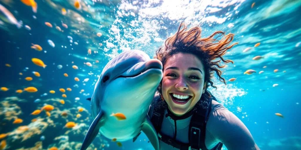 Woman and dolphin at Swim with Dolphins in Cabo underwater, smiling, with fish