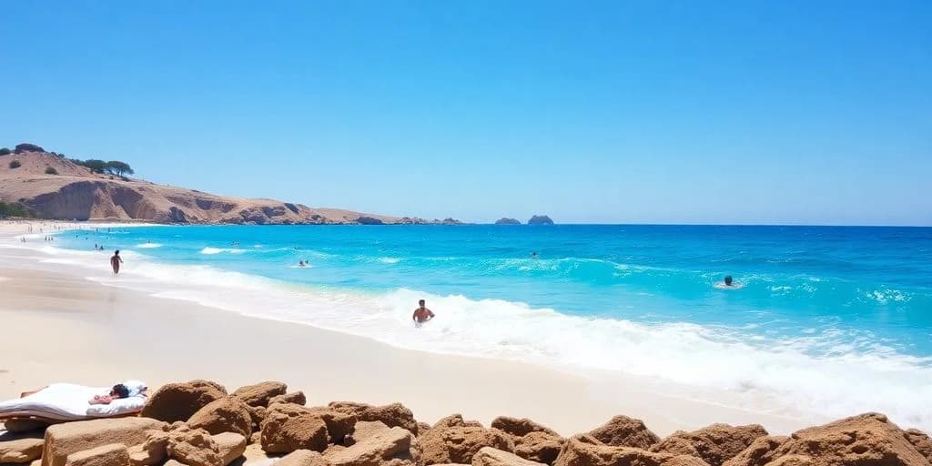 Man in ocean at Swimming in Cabo in January: Water Temperature Guide on sandy beach, with waves